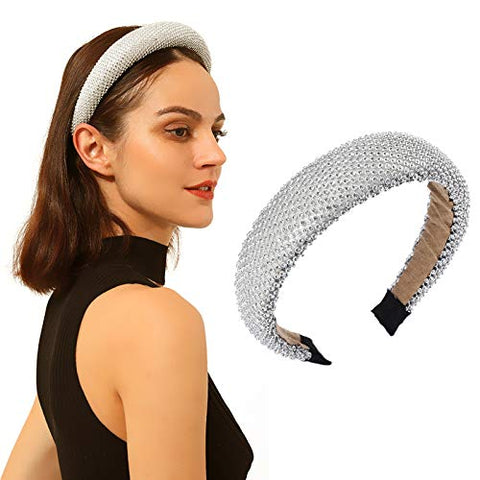 AWAYTR Velvet Padded Pearl Embellished Headband Large Padded Velvet Races Goth Wedding Headpiece for Women (black-1)