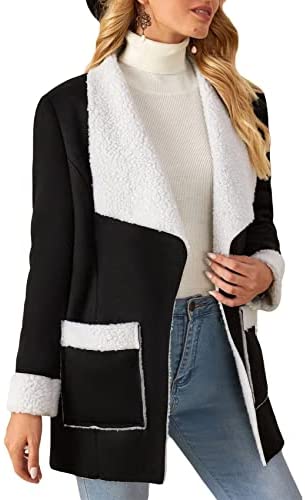 Women's Open Front Long Sleeve Blends Coat Lapel Casual Solid Color Fashion Outwear with Pockets