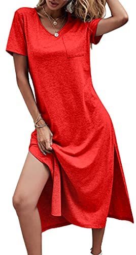 Dyexces Women's V Neck Short Sleeve Summer Dress Solid Basic T-Shirts Casual Split Maxi Dresses with Pocket