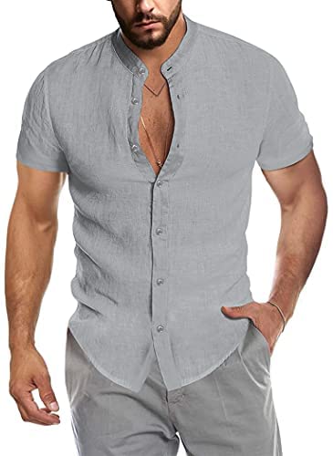 Men's Casual Cotton Shirts Mandarin Collar Short Sleeve Button Down Shirt