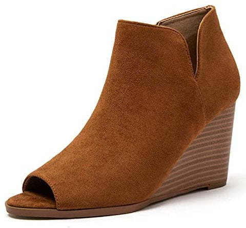 Katliu Women's Wedge Heel Booties Peep Toe Ankle Boots Side Zipper Suede Ankle Boots