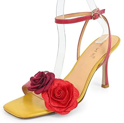 FSJ Women High Heels Sandals Stiletto Ankle Strap Open Square Toe Special Dress Evening Unique Flowers Shoes Size 4-15 US