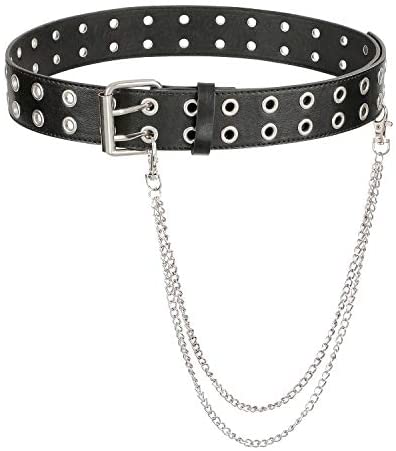 Double Grommet PU Leather Belt for Women/Men Punk metal Jean Belt Wide 1.5 Inch