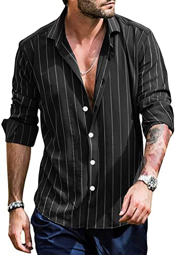 Men's Striped Long Sleeve Shirts Button Down Casual Roll Up Sleeve V Neck Beach T-Shirts Linen Tops
