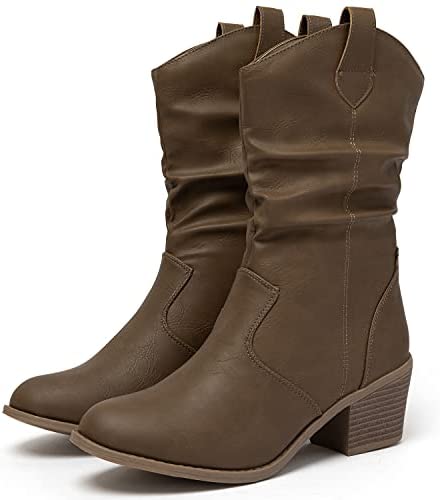 Katliu Women's Western Cowboy Boots Slouchy Chunky Heel Mid-Calf Boots with Pull-Up Tabs