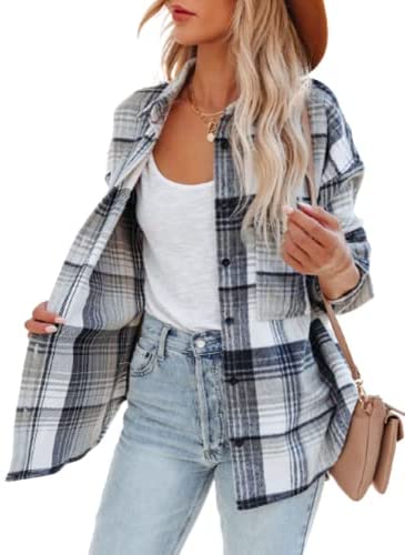 Women's Flannel Plaid Shirts Long Sleeve Lapel Button Down Pocketed Shacket Jacket Coats