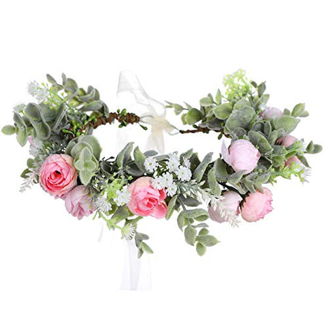 Flower Crown Headband Hair Garland - Bohemian Flower Headdress Hair Wreath Adjustable Halo Floral Headpiece for Women Girls Wedding Festival (Blue #1)