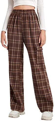 Womens Plaid Casual Pants High Elastic Waist Stripe Lightweight Trousers with Two Flap Pockets