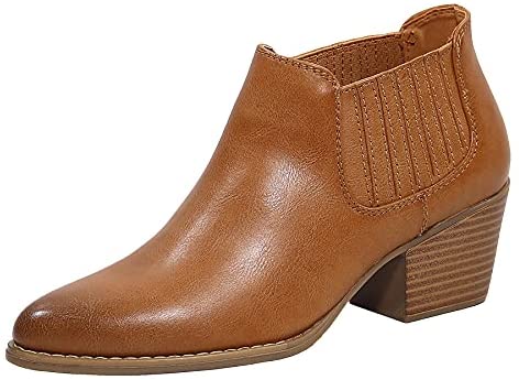 EETTARO Women's Block Heel Ankle Boots Pointed Toe Slip On Booties Elastic Gore Leather Shoes