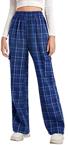 Womens Plaid Casual Pants High Elastic Waist Stripe Lightweight Trousers with Two Flap Pockets