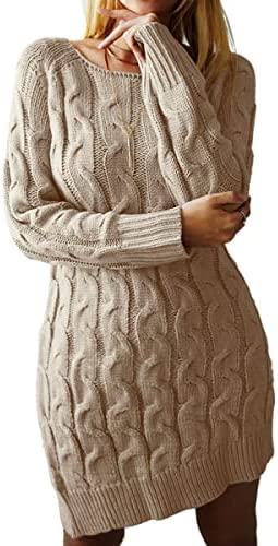 Sweater Dress for Women Long Sleeve Cable Knit Casual Crew Neck Mini Dress Warm Chunky Sweater Pullover
