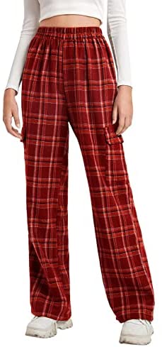 Womens Plaid Casual Pants High Elastic Waist Stripe Lightweight Trousers with Two Flap Pockets
