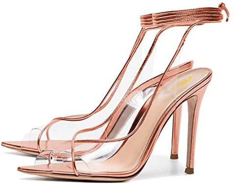 FSJ Women Sexy Stilettos High Heel Strappy Sandals Cross Strap Ankle Wrap Slingback Transparent Wedding Evening Dress Pumps Size 4-15 US