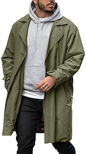 Mens Long Trench Coat Single Button Notch Lapel Collar WindBreak Waterproof Overcoat Lightweight Jackets with Pockets