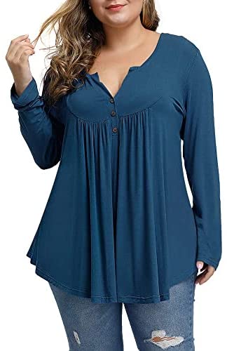 Women's Plus Size Tunics Button Up Henley V Neck Tops Pleated Long Sleeve Tunic Shirts