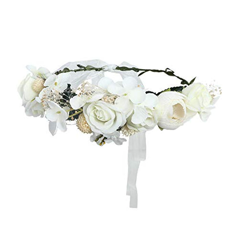AWAYTR Bohemia Flower Crown Headband - Exquisite Pinecone Leaf Berry Flower Headband Flower Halo Wreath women (Light khaki+Light pink)