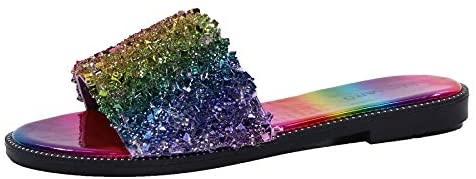 EETTARO Women's Glitter Shiny Slide Sandals Sparkle Fancy Flat Slippers Slip-on Jeweled Shoes