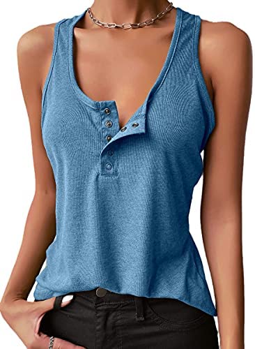 Dyexces Womens Tank Tops Scoop Neck Henley Pullover Summer Ribbed Sleeveless Button Up Cami Knit Tees Shirts