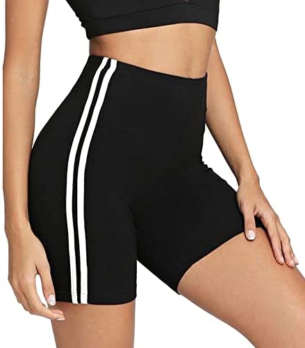 Women's High Waist Workout Yoga Shorts Striped Print Active Biker Shorts Stretch Jersey Pajama Running Short