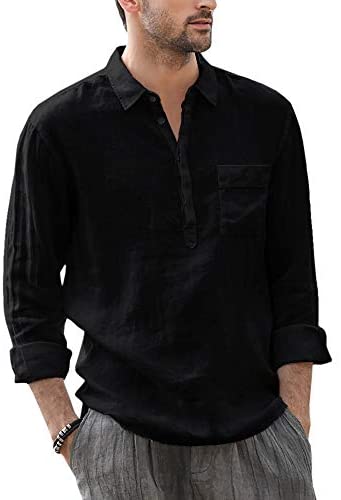 Karlywindow Mens Linen Shirts Long Sleeve Button Down Hippie Casual Cotton Lightweight Beach Yoga T Shirts