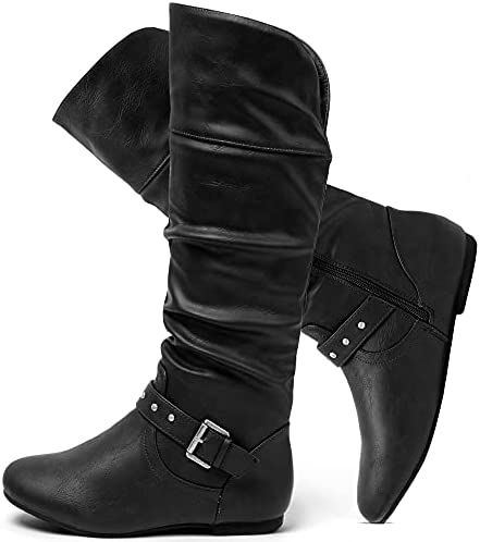 katliu Women's Slouchy Mid Calf Boots Zip up Flat Boots