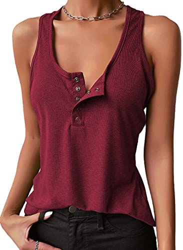 Dyexces Womens Tank Tops Scoop Neck Henley Pullover Summer Ribbed Sleeveless Button Up Cami Knit Tees Shirts