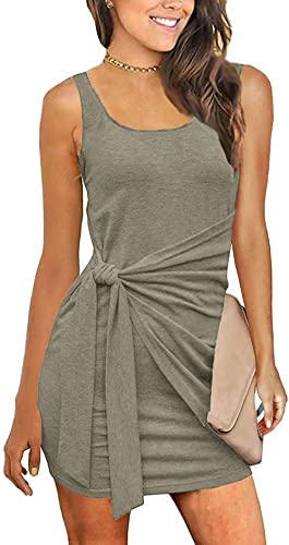 Women Sleeveless Ruched Tie Waist Sundress Tank Bodycon Mini Dress Basic Party Club Shirt Dress