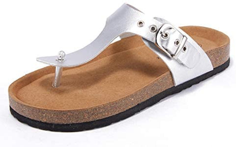 Womens Thong Sandals Slip-On Flats Adjustable T Strap Buckle Footbed Flip-Flop Cork Shoes