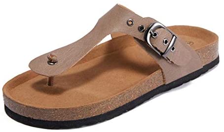 Womens Thong Sandals Slip-On Flats Adjustable T Strap Buckle Footbed Flip-Flop Cork Shoes