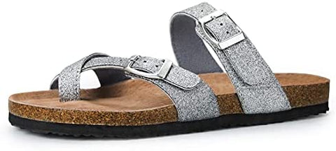 mysoft Women's Cork Footbed Sandal Slip On, Double Buckle Slide Sandals with +Comfort Arch Support