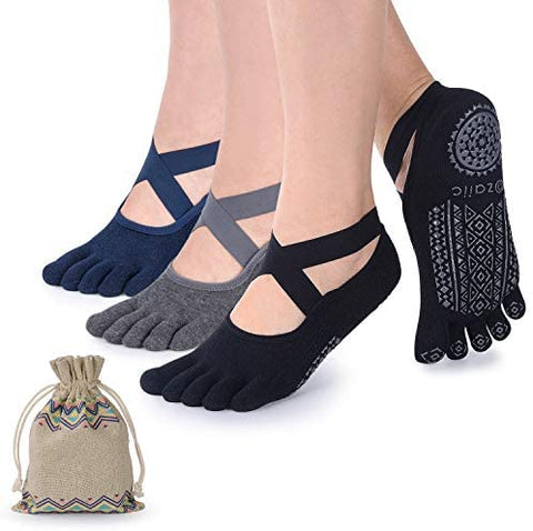 Ozaiic Yoga Socks for Women with Grips, Non-Slip Five Toe Socks for Pilates, Barre, Ballet, Fitness