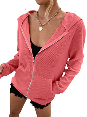 Zip Up Hoodie Women Long Sleeve Waffle Fall Oversized Sweatshirts Casual Hoodies Jacket with Pocket