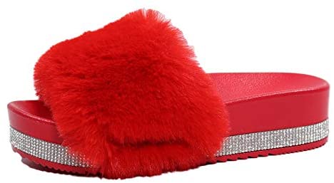 EETTARO Women's Fuzzy Slippers Faux Fur Slides Open Toe Fluffy Platform Sandals Slip on Indoor Outdoor Shoes