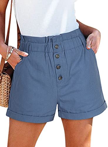 Women's 100% Cotton Teen Girls High Waist Front Buttons Summer Beach Rolled Casual Shorts with Pockets