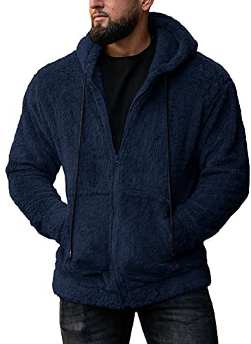 Mens Pullover Hoodie Fluffy Full Zip Sherpa Fleece Sweatshirts Fashion Casual Hooded Winter Warm Outwear with Pockets