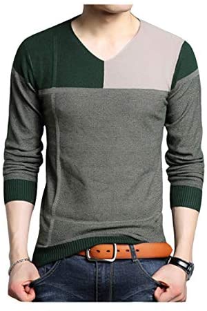 Men's Casual V Neck Pullover Sweater Classic Color Block Long Sleeve Knit Shirt