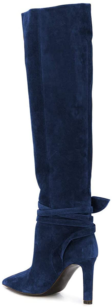 FSJ Women Elegant Pointed Closed Toe Knee High Long Boots Pull On Mid Heels Booties Faux Suede Dress Shoe With Bows Size 4-15 US