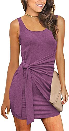 Women Sleeveless Ruched Tie Waist Sundress Tank Bodycon Mini Dress Basic Party Club Shirt Dress