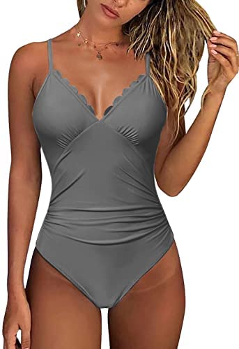 Zwurew Women Scallop Trimmed One Piece Swimsuit Solid Swimwear Monokini Bather Bathing Suit Beachwear