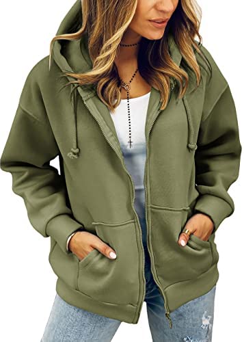 Zwurew Women Long Sleeve Full Zip Up Fleece Hoodies Oversized Casual Sweatshirts Drawstring Jacket with Pockets