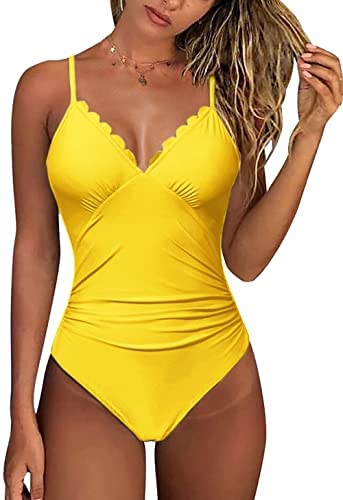 Zwurew Women Scallop Trimmed One Piece Swimsuit Solid Swimwear Monokini Bather Bathing Suit Beachwear