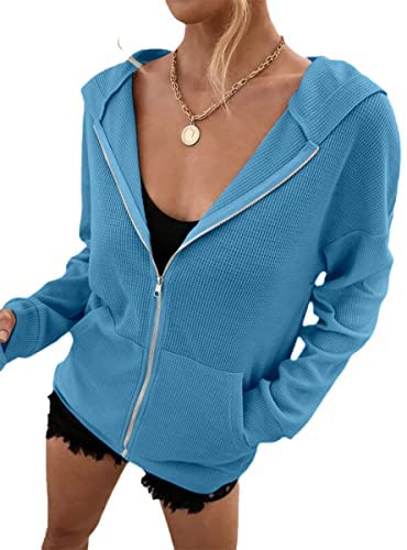 Zip Up Hoodie Women Long Sleeve Waffle Fall Oversized Sweatshirts Casual Hoodies Jacket with Pocket