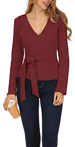 Zumla Women Tops Long Sleeve Casual Fall Sexy Wrap V Neck Blouse for Work Tie Front