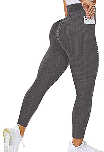 Women's Bubble Hip Butt Lifting High Waist Leggings Honeycomb Textured Tummy Control Yoga Pants Pocket Sport Tights