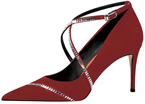 FSJ Women's Pointed Toe High Heels Pumps Crisscross Strappy Crystal Rhinestones Pumps Ladies Ankle Buckle Strap Dress Party Shoes Size 4-15 US