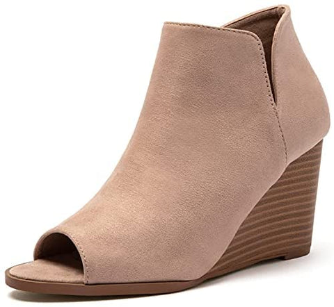 Katliu Women's Wedge Heel Booties Peep Toe Ankle Boots Side Zipper Suede Ankle Boots