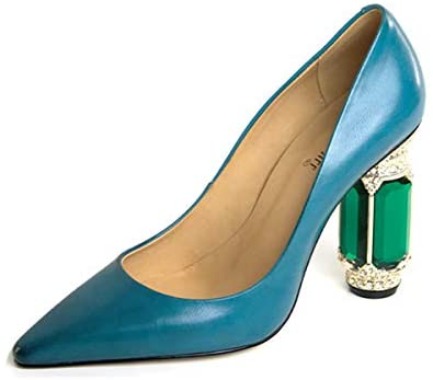 FSJ Women Leather Crystal Chunky High Heel Pumps Pointed Toe Slip on Wedding Parrty Dress Shoes Size 4-12 US