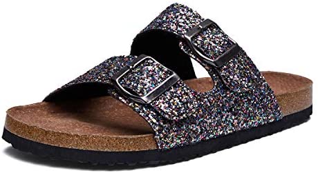 mysoft Womens Slide Sandals Cork Footbed，2 Straps Adjustable Buckle Slip on Sandals with +Comfort Arch Support