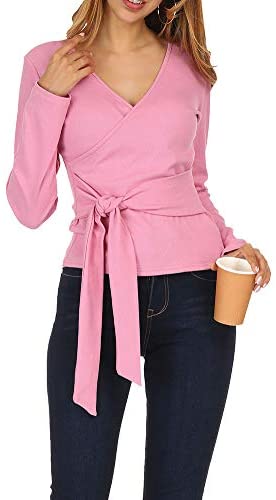 Zumla Women Tops Long Sleeve Casual Fall Sexy Wrap V Neck Blouse for Work Tie Front