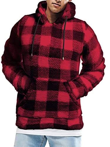 Mens Plaid Flannel Pullover Hoodies Long Sleeves Fuzzy Sherpa Fleece Drawstring Closure Hooded with Kangaroo Pockets